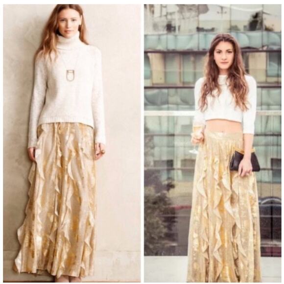 Anthropologie Moulinette Soeurs Fallen Star Gold Ruffle Maxi Skirt Size 2 Boho - Picture 10 of 16